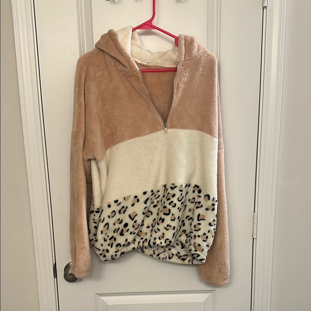 Tan and Cream Teddy Jacket with Leopard Print